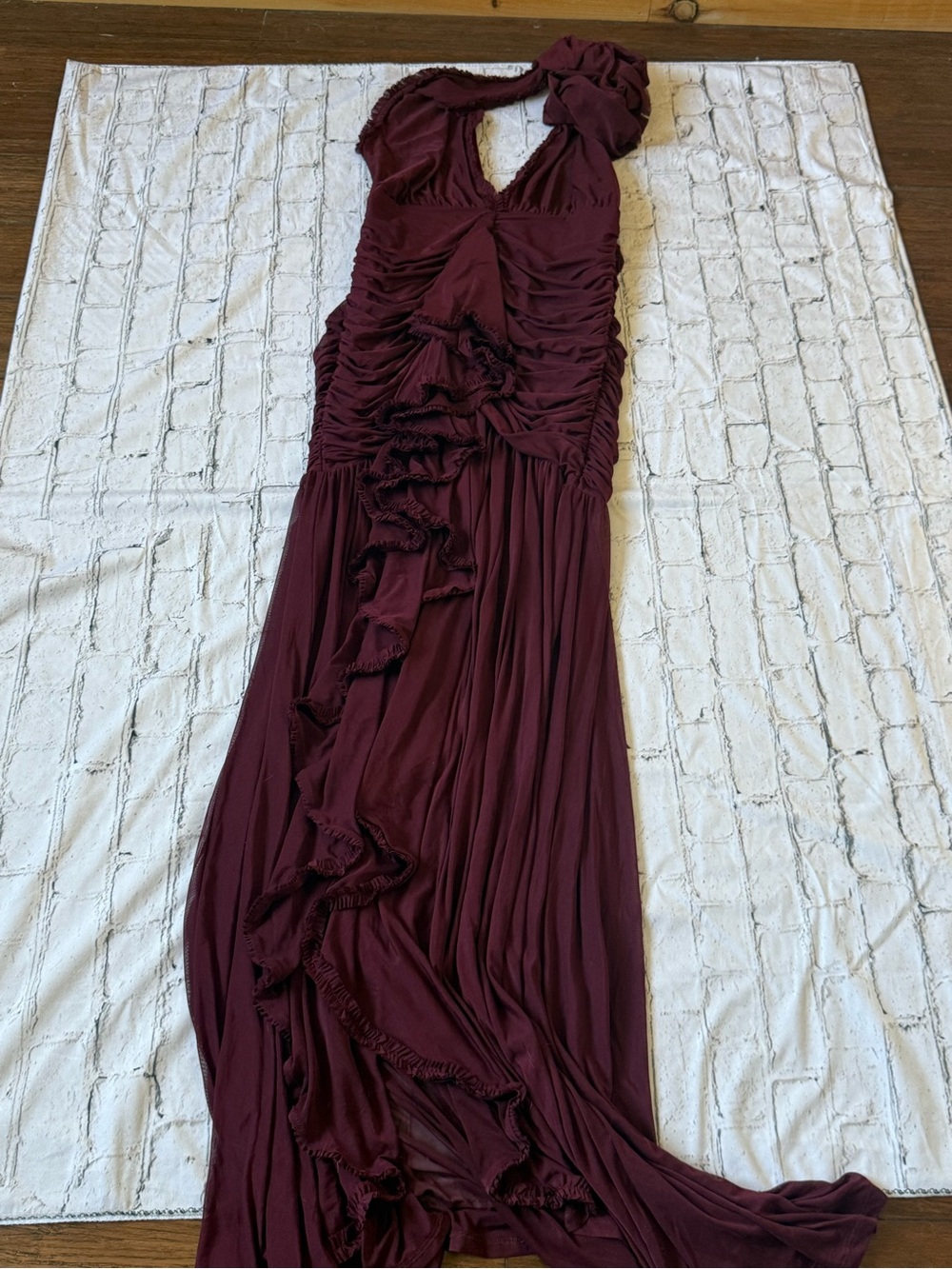 Fashion Nova Burgundy Halter Ruffle Maxi Dress